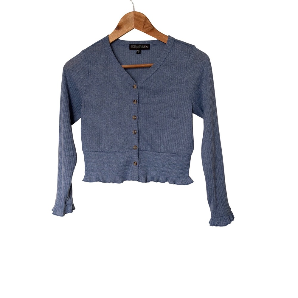 Trixxi Girl Kids Blue Ribbed Smocked Hem Cardigan Sweater Size L